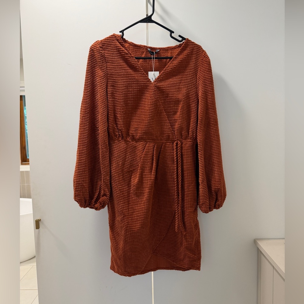 Simple Rust Long-Sleeve V-Neck Corduroy Wrap Dress
